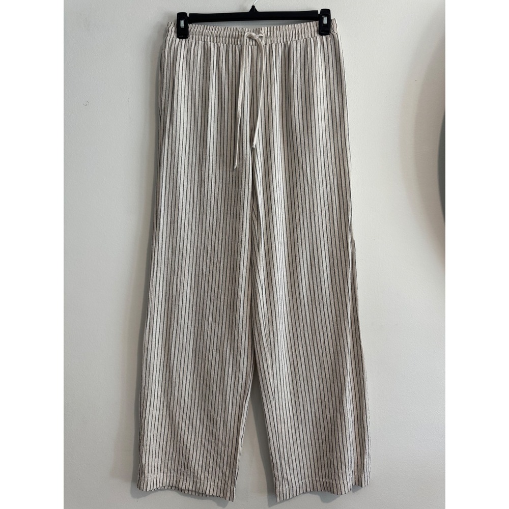 Ce:Sone Striped Wide Leg Pants Women Medium Beige Black Hemp Blend Drawstring